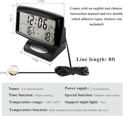 Car Digital Thermometer Clock, 2 in 1 Easy to Read Car Indoor Outdoor Thermometer with LCD Backlight, Vehicle Luminous Clock & Temperature Meter, Car Internal Accessories