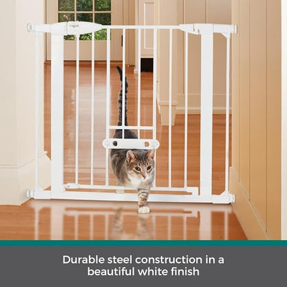 MYPET North States Wide Walk Thru EasyPass Pet Gate with Patented Adjustable pet Door: 29.75-37.5" Wide Dog Gate. Pressure Mount, No Tools Needed. Dog Gates for The House, 30" Tall, White