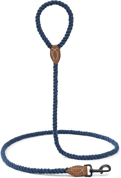 Mile High Life Dog Leash, Braided Cotton Rope Leashes with Leather Tailor Tip with Leather Tip - Heavy Duty Metal Clasp, 4FT, 1/2" Thick - Wedding, Walking Leash for Medium Large Dogs(Navy)