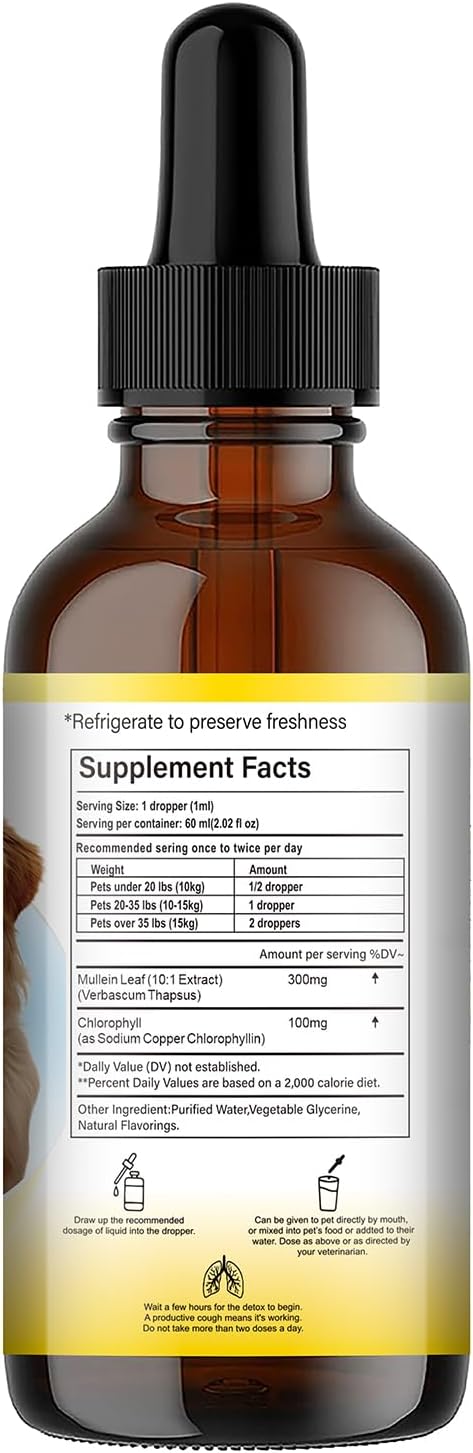 Mullein Lung Support Drops for Dogs & Cats, Relieves Kennel & Dry & Wet Cough, Lung Cleanse, Soothes Sore Throat, Eases Breathing - Pure Plant Extract, Hormone & Chemical Free, with Chlorophyll