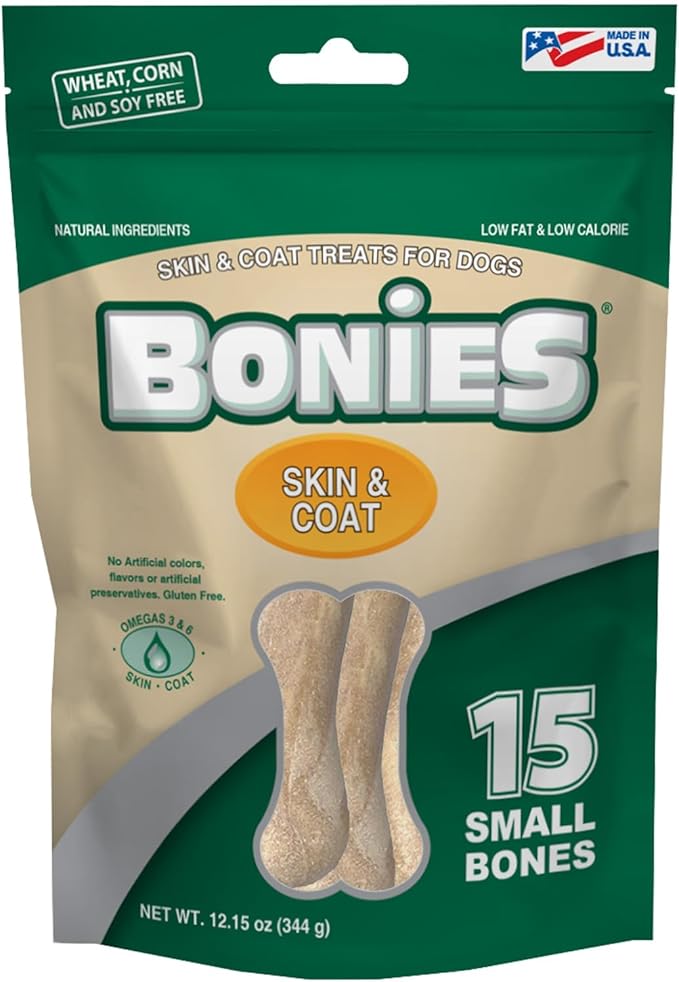 Bonies Natural Skin & Coat Formula Small-Sized Single Bone - Promote Silky Coat & Healthy Skin, Healthy Teeth & Fresh Breath, Low Calories - Chicken Flavor, Small Dogs, 15 Count