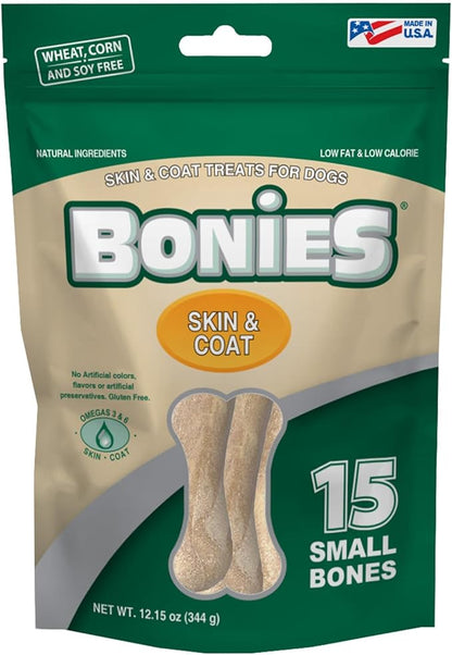 Bonies Natural Skin & Coat Formula Small-Sized Single Bone - Promote Silky Coat & Healthy Skin, Healthy Teeth & Fresh Breath, Low Calories - Chicken Flavor, Small Dogs, 15 Count