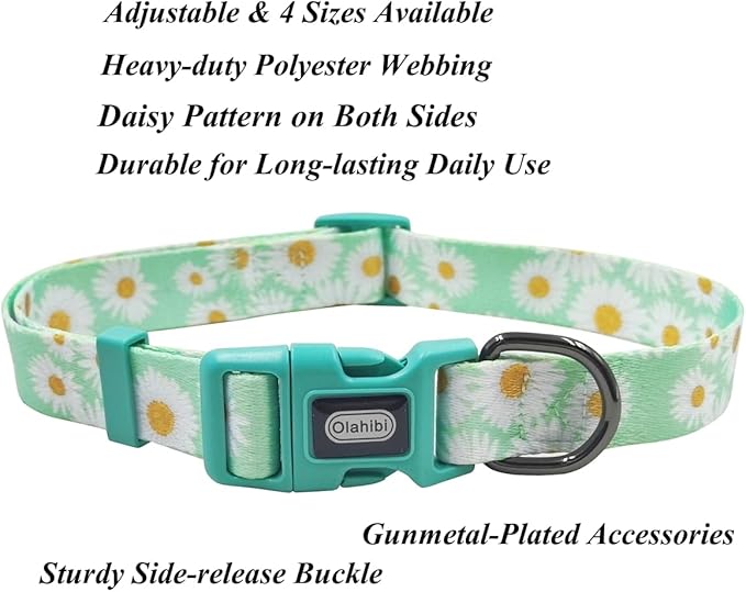 Dog Collar Leash Set, Floral Pattern, Polyester Material, Adjustable Collar and 5ft Matchcing Leash, for Puppy Dogs.(XS, Light Green Daisy)