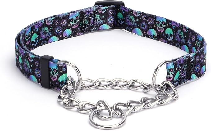 Martingale Dog Collar with Stainless Steel Chain - Limited Chain Cinch Training Collar for No Pull Training Dog - Flower Multicolor Cute Patterns - Premium No Slip Collar (M, Skull)