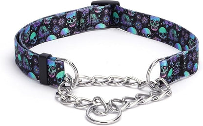 Martingale Dog Collar with Stainless Steel Chain - Limited Chain Cinch Training Collar for No Pull Training Dog - Flower Multicolor Cute Patterns - Premium No Slip Collar (M, Skull)