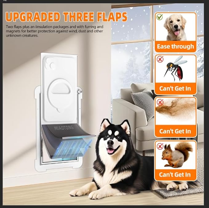 MIAOTONG 3-Flap Dog Door for Wall, Energy-Efficient Insulated Pet Door for Wall, Aluminum Lock Doggy Doors,Steel Frame and Telescoping Tunnel Dog Doors (Pets Up to 220 Lb) -X-Large