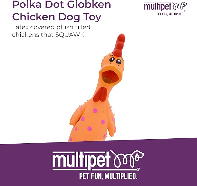 Multipet Polka Dot Globken Chicken Latex Dog Toy - Squeaky Toy for All Dogs - Easy-to-Clean Squeaky Toys - Latex Dog Toys for Playing (1 Count, 11.5”, Random Color Surprise)