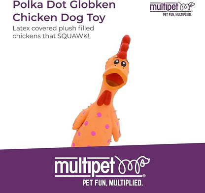 Multipet Polka Dot Globken Chicken Latex Dog Toy - Squeaky Toy for All Dogs - Easy-to-Clean Squeaky Toys - Latex Dog Toys for Playing (1 Count, 11.5”, Random Color Surprise)