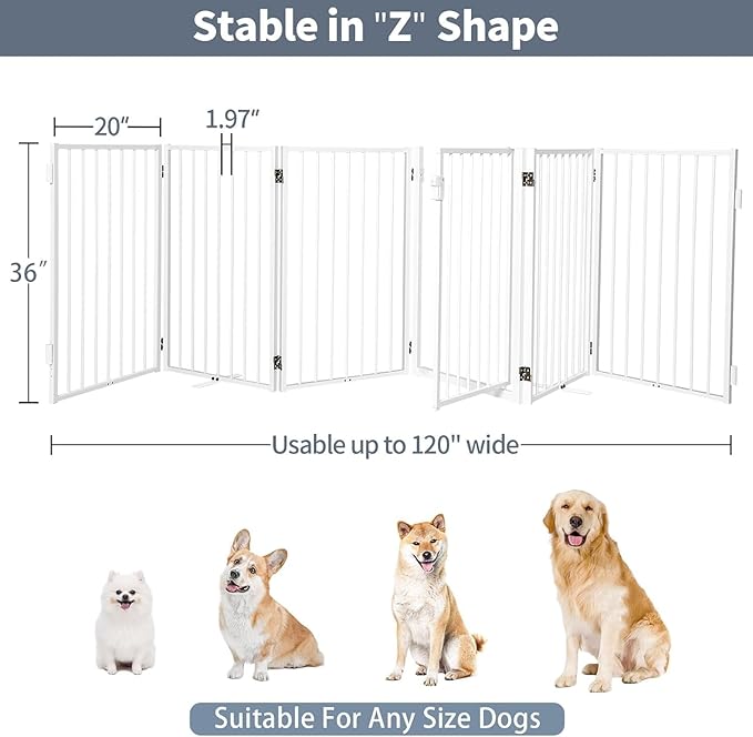 Metal Freestanding Dog Gates with Door for Outdoor Indoor,120'' Extra Wide 36'' Tall Free Standing Dog Gate for Doorways,Large Openings,Deck,Yard,Porch,Foldable Pet Fence(White,6 Panels)