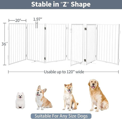 Metal Freestanding Dog Gates with Door for Outdoor Indoor,120'' Extra Wide 36'' Tall Free Standing Dog Gate for Doorways,Large Openings,Deck,Yard,Porch,Foldable Pet Fence(White,6 Panels)