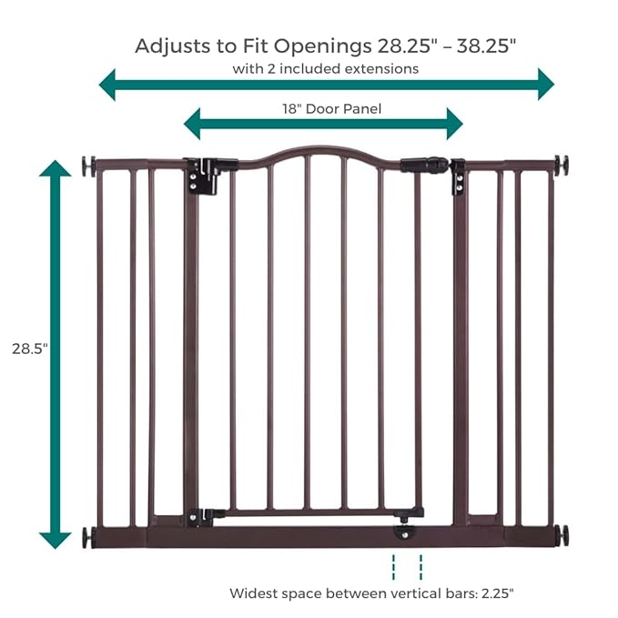 MyPet Windsor Arch Hold-Open & Auto-Close Pressure-Mount Pet Gate: Heavy-Duty Steel Gate 28.5in Tall Comes with Two 5in Extensions from 28in to 38in Wide in Matte Bronze