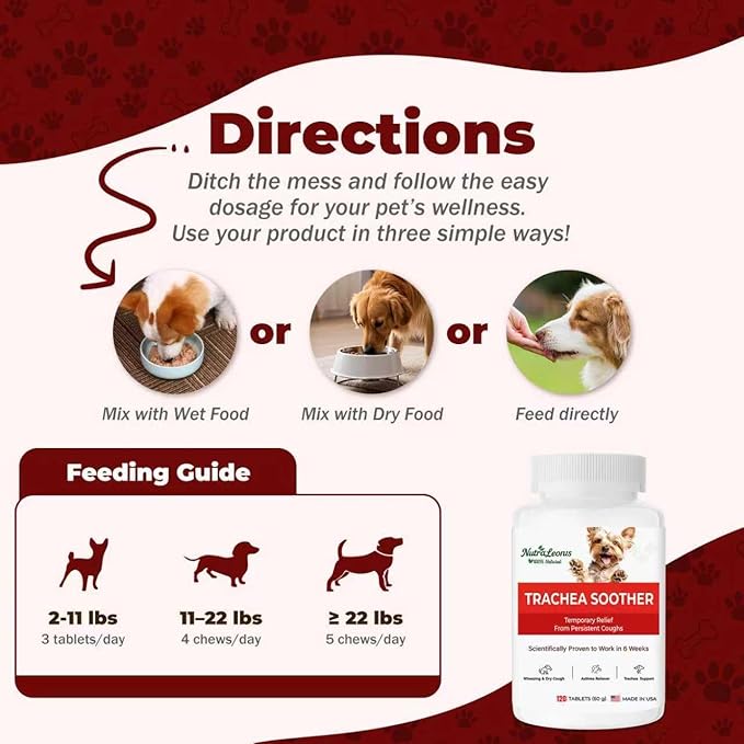 Kennel Cough Treatment, Cough Relief for Dogs, Helps Ease Coughing from Tracheal Collapse, Dry & Wet Cough, Natural Soothing Herbs for Throat & Airway Comfort, Chicken Flavor - 120 Tablets