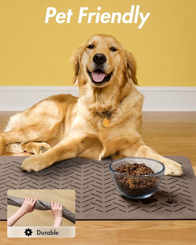 MontVoo-Absorbent Pet Feeding Mat-No Stains Quick Dry Dog Mat for Food and Water Bowl-Rubber Backing Dispenser Mat Accessories Supplies-Dog Bowl Messy Drinkers,(Brown,17"x28")
