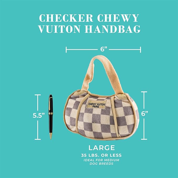 Haute Diggity Dog Chewy Vuiton Bone Ball & Handbag Plush Squeaky Dog Toys, Soft Durable Designer-Inspired Stuffed Puppy Chew Toys for Small & Medium Dogs, Machine-Washable (Tan Checker) One Size 3 Pcs