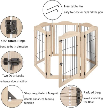 unipaws 132" Extra Wide Dog Gate and Pet Playpen, Free Standing Tall Fence with Walk Through Door, Barriers for Home, Use as Indoor Dogs Cats Pen, Rabbit Pen, Nature