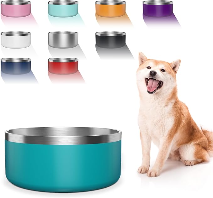 WENBOKMIN Dog Bowl, Stainless Steel Dog Food and Water Bowl with Non Slip Quiet Bottom, Easy to Clean, Dishwasher Safe, 64oz, Lake Blue