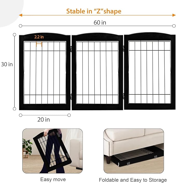 LZRS 3-Panel Freestanding Wooden Dog Gate—30" Tall Foldable Pet Barrier with Support Feet, Chew-Resistant Solid Hardwood & Steel Wire Safety Fence for Doorways, Hallways, and Stairs, Black