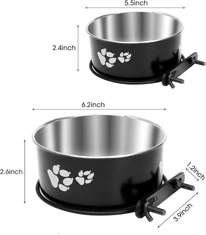 Kennel Water Bowl Hanging, ShineMe 2 Pack Stainless Steel Food and Water Bowl for Dog Cage, Crate, Kennel Bowls Mountable for Medium and Small Dogs, Cats, Pets (6.2x2.6” & 5.5x2.4”)