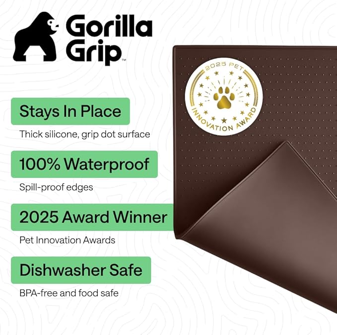 GORILLA GRIP 100% Waterproof Raised Edge BPA Free Silicone Pet Feeding Mat, Dog Cat Food Mats Contain Spills Protects Floors, Placemats for Cats and Dogs Water Bowl, Pets Accessories 16x10, Brown