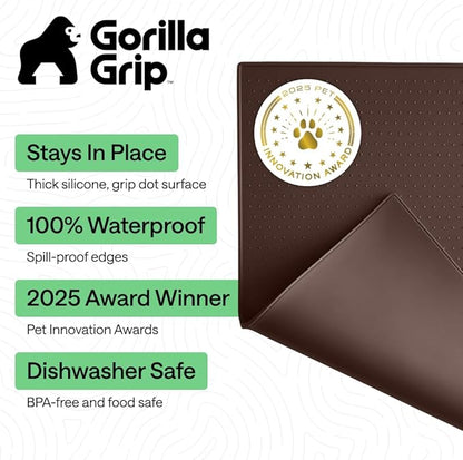 GORILLA GRIP 100% Waterproof Raised Edge BPA Free Silicone Pet Feeding Mat, Dog Cat Food Mats Contain Spills Protects Floors, Placemats for Cats and Dogs Water Bowl, Pets Accessories 16x10, Brown