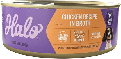Halo Wet Dog Food Whole Chicken Stew Recipe, Healthy Grains Real Meat Canned Dog Food, Meal or Topper, 5.5 Oz Can (Pack of 12)