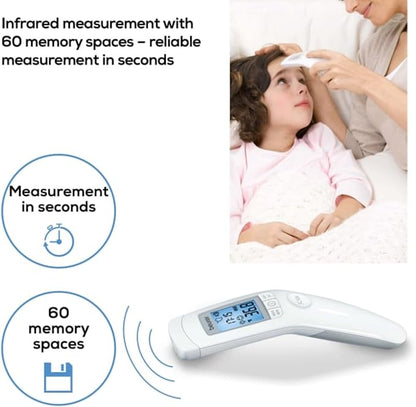 Beurer 3-in-1 Forehead Non-Contact, Body, Surface, Room Temperature, High Accuracy, Large Blue Backlit LCD Display Thermometer, 60 Memory Spaces, FT90 White, 32 Count (Pack of 1)