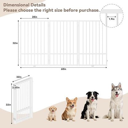 SNUOWU Full Metal Freestanding Dog Gate with Door, 32''Height Foldable Pet Dog Fence for Indoor & Outdoor, 3 Panels Extra Wide Free Standing TallDog Gates for Doorways,House,Stairs,Porch,Deck,Yard