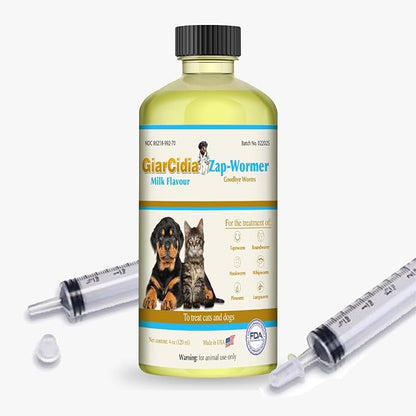 No More Worms in Cats and Dogs- Dewormer for Cats and Dewormer for Dogs - Chicken and Milk Flavours 120 mL / 4 oz Glass Bottle – Includes 3 mL Dropper with Cap (Milk Flavor)