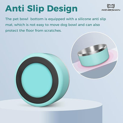 WENBOKMIN Dog Bowl, Stainless Steel Dog Food and Water Bowl with Non Slip Quiet Bottom, Easy to Clean, Dishwasher Safe, 64oz, Mint Green