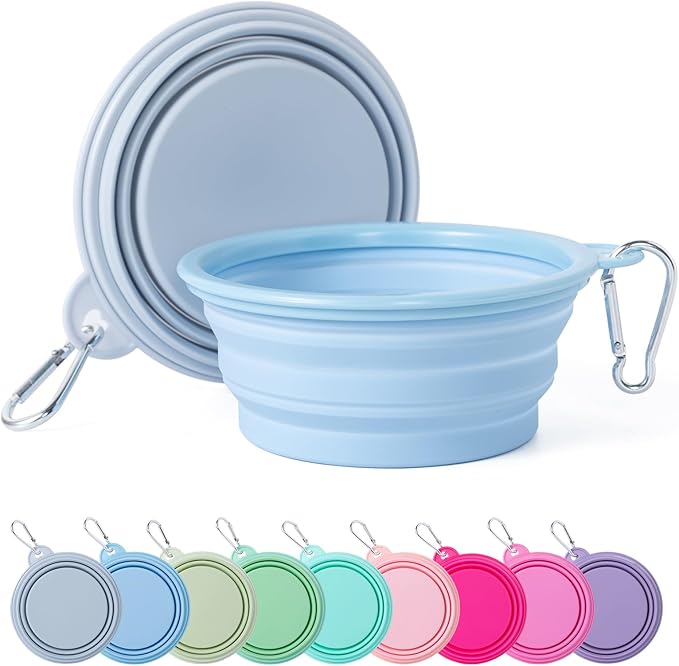 SLSON Collapsible Dog Bowl, 2Pack Macaron Color Pet Travel Bowls Silicone Foldable Water Feeder Dish for Small to Large Dogs Cat Walking Hiking Camping (Macaron Blue and Light Grey, Small)