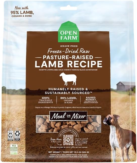 Open Farm, Freeze Dried Raw Dog Food, Morsels with 95% Meat, Organs & Bone, Organic Produce & Superfoods, Complete Meal or Freeze Dried Dog Food Topper, Lamb Recipe, 22oz Bag
