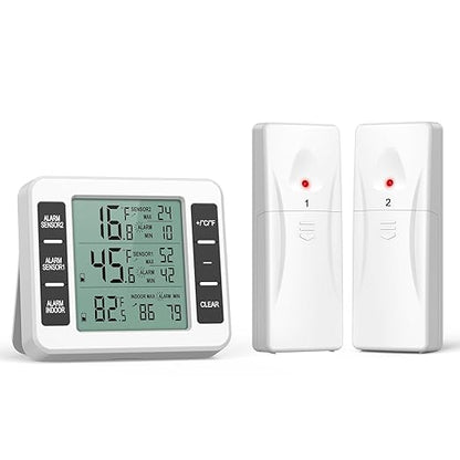 KeeKit Refrigerator Thermometer, Indoor Outdoor Thermometer with 2 Sensors, Wireless Digital Freezer Thermometer with Audible Alarm Temperature Gauge, Min/Max Record for Home, Kitchen – White