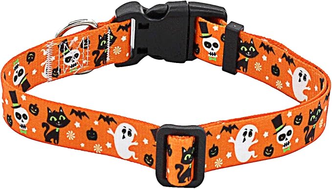 Mihqy Halloween Dog Collar - Pumpkin Bat Ghost Pattern - Adjustable for Small Medium Large Dogs(Halloween,M)