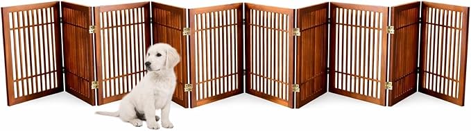 Urnporium Freestanding Wooden Dog Gate Foldable Indoor Pet Gate No Drill Expandable Barrier for Doorways Stairs Hallway Portable Wood Fence for Small Dogs & Puppies (Brown Pet Gate, 10 Panel 24" Tall)