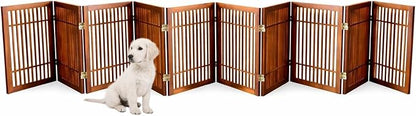 Urnporium Freestanding Wooden Dog Gate Foldable Indoor Pet Gate No Drill Expandable Barrier for Doorways Stairs Hallway Portable Wood Fence for Small Dogs & Puppies (Brown Pet Gate, 10 Panel 24" Tall)