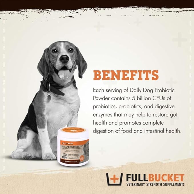 FullBucket Daily Dog Probiotic 30 Servings - Support Natural Digestion, Treat & Prevent Diarrhea - Probiotics, Prebiotics & Digestive Enzymes All in One Tasty Probiotic Powder for Dogs