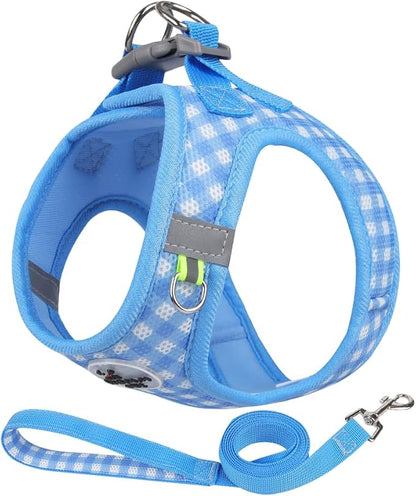 Soft Mesh Dog Harness and Leash Set, Step-in Escape Proof Vest Harnesses, Reflective Breathable Pet Harness Adjustable Plaid Pet Outdoor Harnesses for Small and Medium Dogs, Blue M