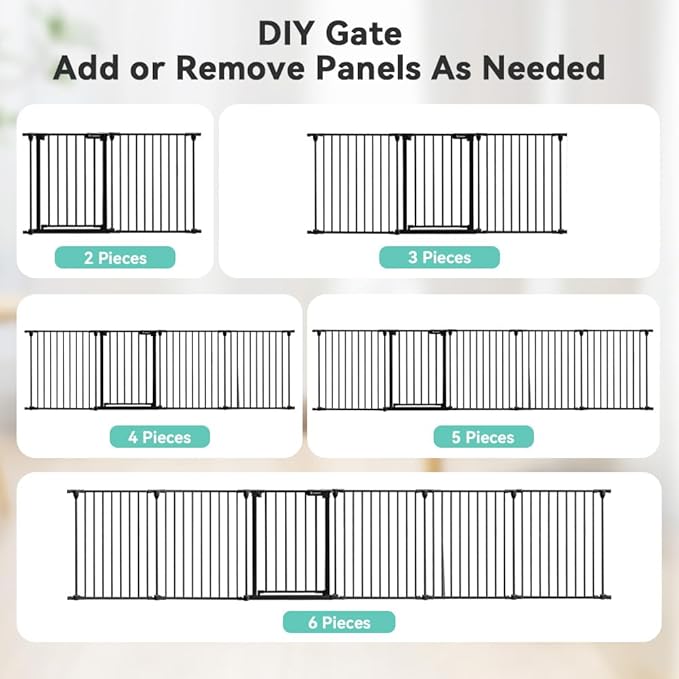 COMOMY 150" Extra Wide Baby Gate with Door, Dog Gates for The House Doorways Fireplace, Auto Close Baby Fence Play Area, Walk Through Pet Gate, Hardware Mounted, 6-Panels (30" Tall, Black)
