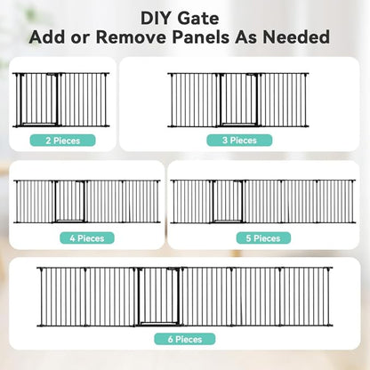 COMOMY 150" Extra Wide Baby Gate with Door, Dog Gates for The House Doorways Fireplace, Auto Close Baby Fence Play Area, Walk Through Pet Gate, Hardware Mounted, 6-Panels (30" Tall, Black)