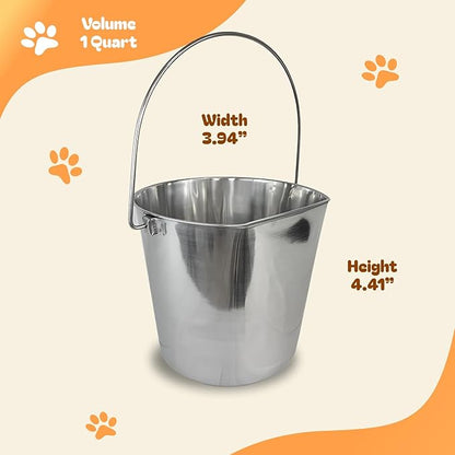 1 Quart Heavy Duty Stainless Steel Flat Side Bucket | Durable Food & Water Pail for Dogs, Cats, Kennels, Cages and Critter Crates | Multi-Purpose Bucket
