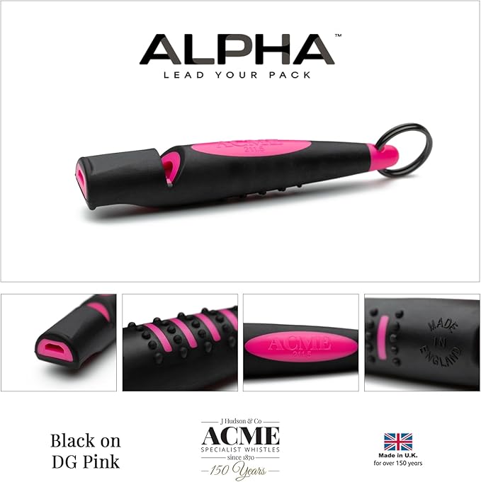 ACME Alpha 211.5 Professional Dog Training Whistle with Enhanced Ergonomic Grip. BPA-Free Plastic. 110 dBA. Long Range. Standardized Frequency. Weatherproof. Made in the UK (Black on Day Glow Pink)