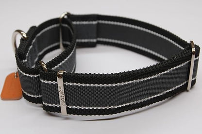 Martingale Collar 1.5 Inch Wide 1600D Extra Strong Anti Escape Nylon Dog Collar, No Pull Heavy Duty Pet Collars with 3-Color Stripe for Medium to Large Dogs (L, Gray Blue & Black)