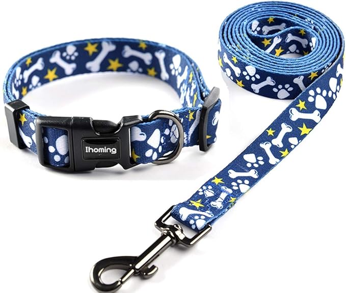 Ihoming Dog Collar and Leash Set for Daily Outdoor Walking Running Training, Bone Design for Large Boys Girls Dogs Cats Pets, L-Up to 80LBS