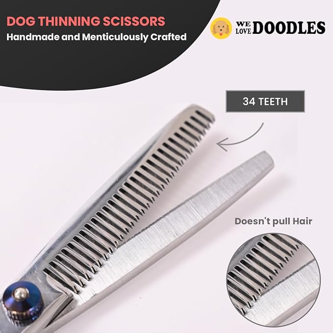 Dog Grooming Scissors Kit with Rounded Blunt Tips, Straight, Curved & Thinning Shears, Tools for Goldendoodles, Poodles & Doodles, Professional Grade Stainless Steel, 4 Pc Set [We Love Doodles]