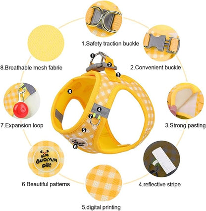 Dog Harness Small Sized and Leash Set, Plaid Step in Soft Light Puppy Vest, Breathable Mesh Pet Harness, Reflective for Small Medium Dogs Safe Easy Walking, Yellow S