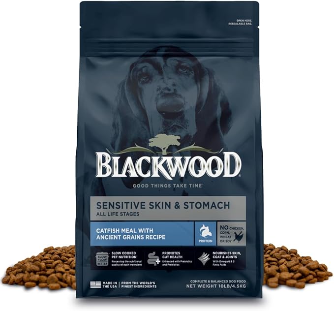 Blackwood Sensitive Skin & Stomach Dry Dog Food, Catfish Meal & Brown Rice with Ancient Grains, 10 Pound Bag with Prebiotics & Probiotics to Promote Gut Health