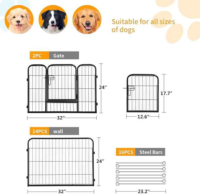 FDW Dog Playpen Dog Pen Dog Kennel 16 Panels 24 Inch Height Indoor Outdoor Folding Metal Portable Puppy Exercise Pen Heavy Duty Dog Fence for Yard Camping,Black