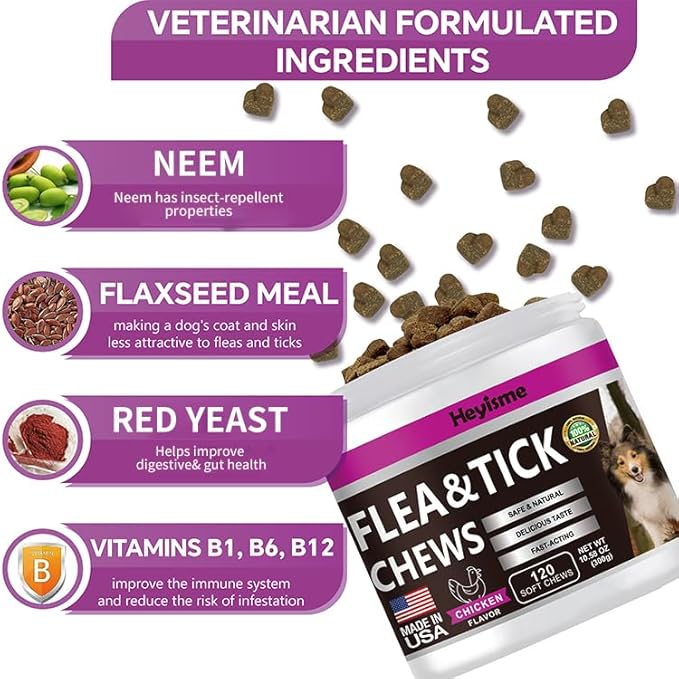 Flea and Tick Prevention for Dogs Chewables, Natural Dog Flea and Tick Control Supplement, Flea Treatment for Dogs, Oral Flea and Tick Chews Treats for All Breeds and Ages (Chicken, 120 Chews)