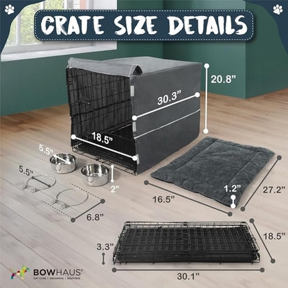BOWHAUS 30-Inch Single Door Dog Crate Kit Includes Crate Cover, Dog Bed & 2 Bowls and Bowl Racks, Indoor Dog Cage Bundle Set, Foldable Wire Metal Dog Kennel w/Pan for Small, Medium Dog