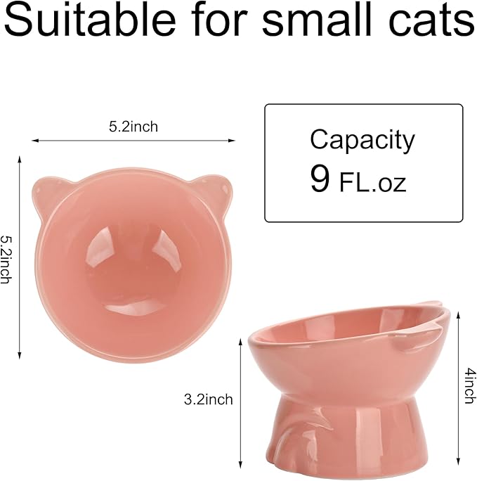 Elevated Cat Food Bowl,9 Oz Ceramic Raised and Tilted Water Bowl,Anti Vomiting and Protect Pets Spines Dishes for Fat Faced Cat, Indoor Cats,Kitten,Small Dog (Pink)